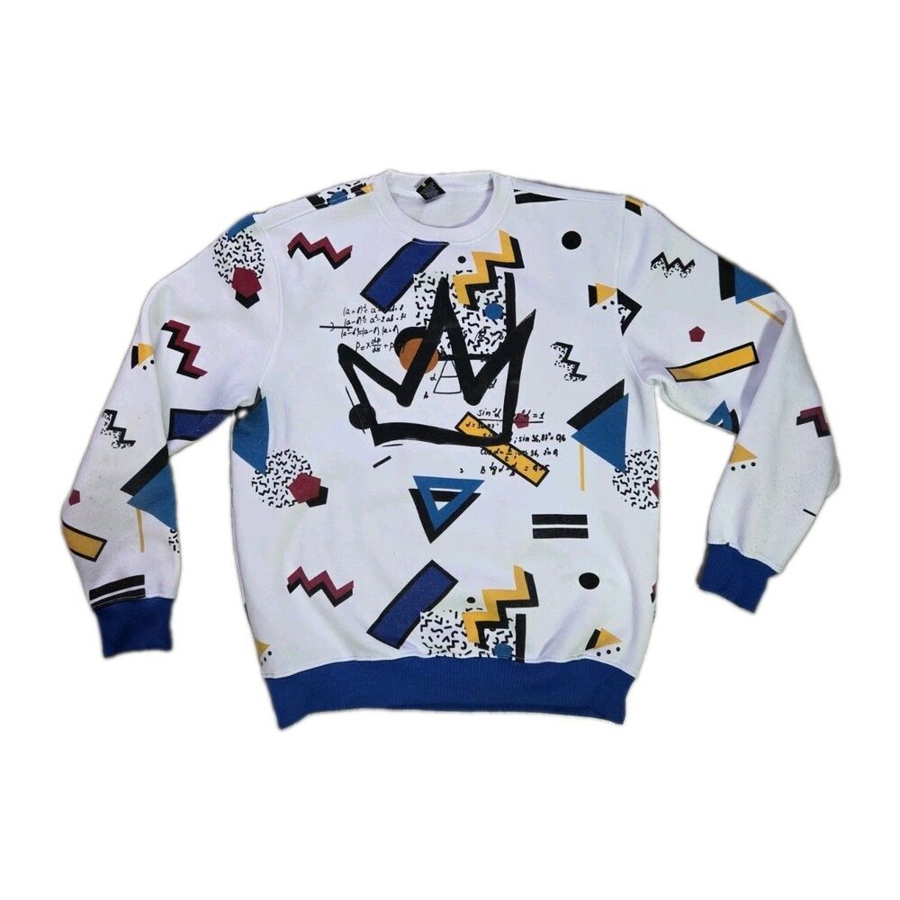Screenshot Graphic Sweatshirt White Blue Crown Print Fleece Pullover Mens L GUC